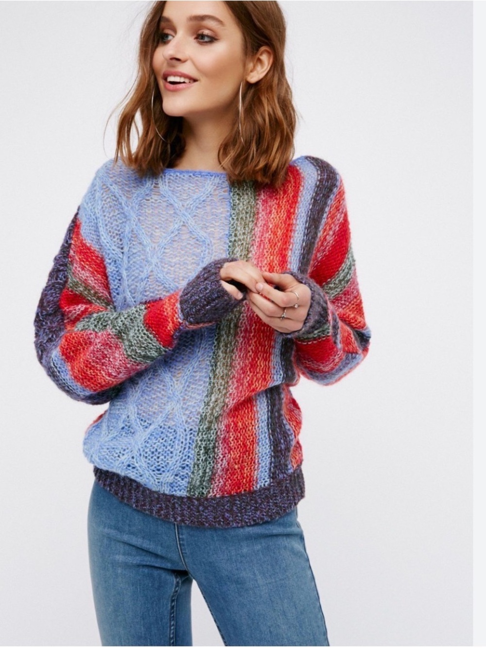 Free People Women’s Multicolor Stripe Open Knit Crew Boho Oversized Sweater, S